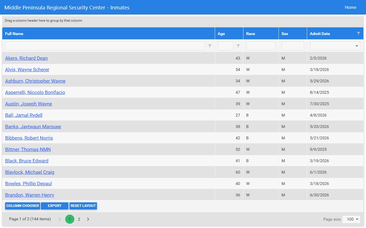 King William County inmate population roster search fields on the MPRSC live roster